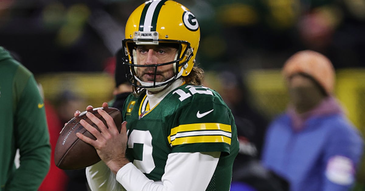 Aaron Rodgers #12 of the Green Bay Packers warms up before the game