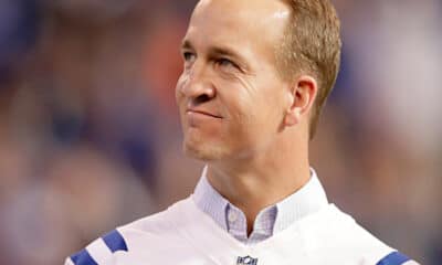 peyton manning reacts during cerermony of the super bowl winning team