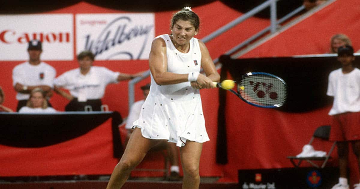  Monica Seles of Yugoslavia hits a return during a women's singles match