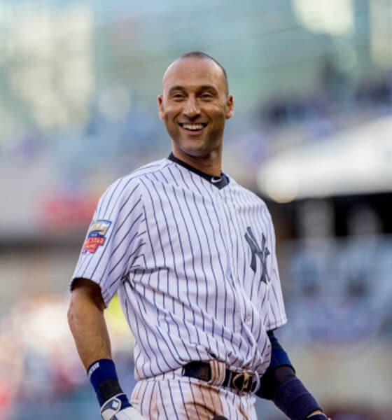 new york yankees shortstop derek jeter poses in pin stripes