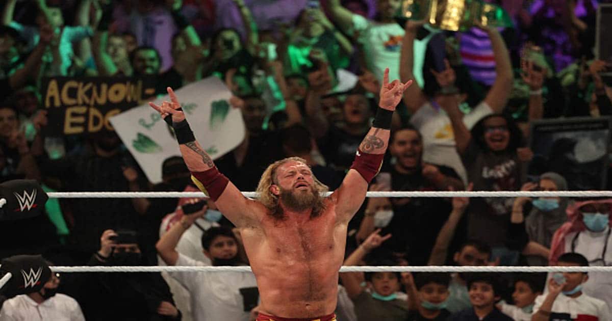 Edge celebrates after winning his match during the World Wrestling Entertainment (WWE) Crown Jewel pay-per-view