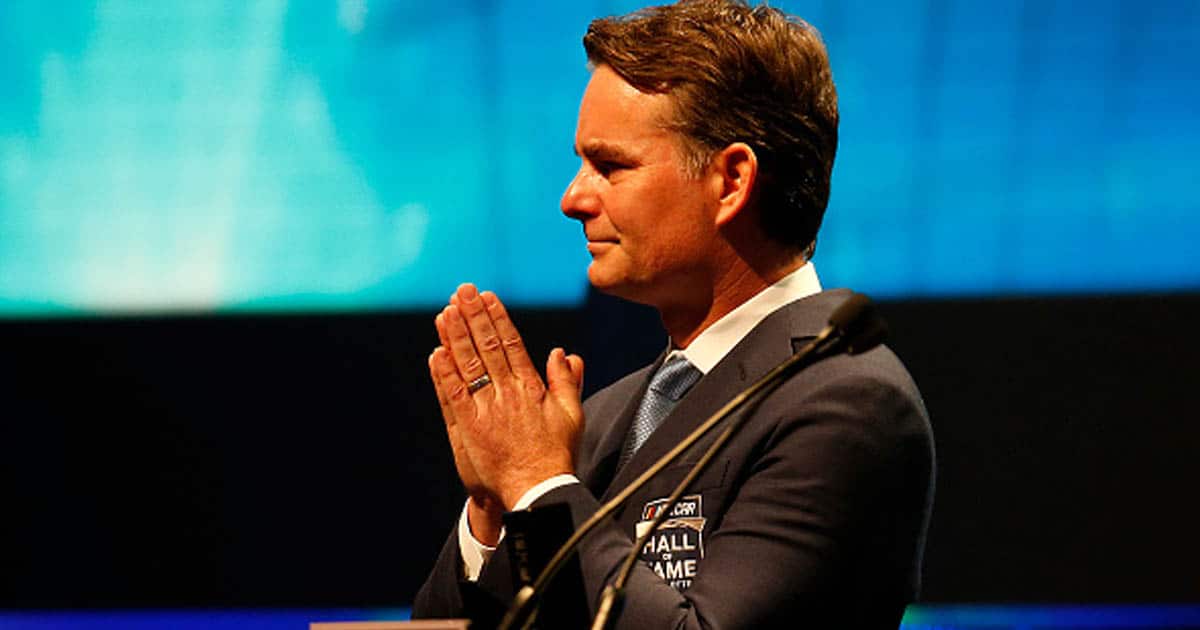 Jeff Gordon speaks on stage as he is inducted into the NASCAR Hall of Fame