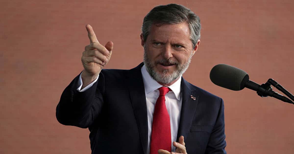 Jerry Falwell speaks during a commencement at Liberty University