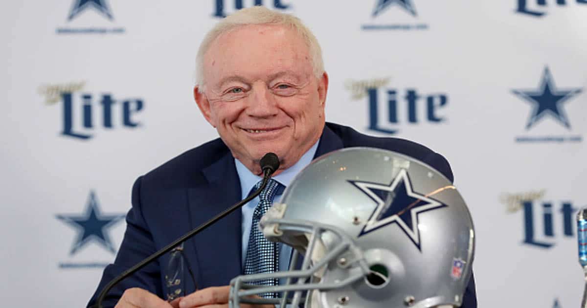 Jerry Jones of the Dallas Cowboys talks with the media during a press conference