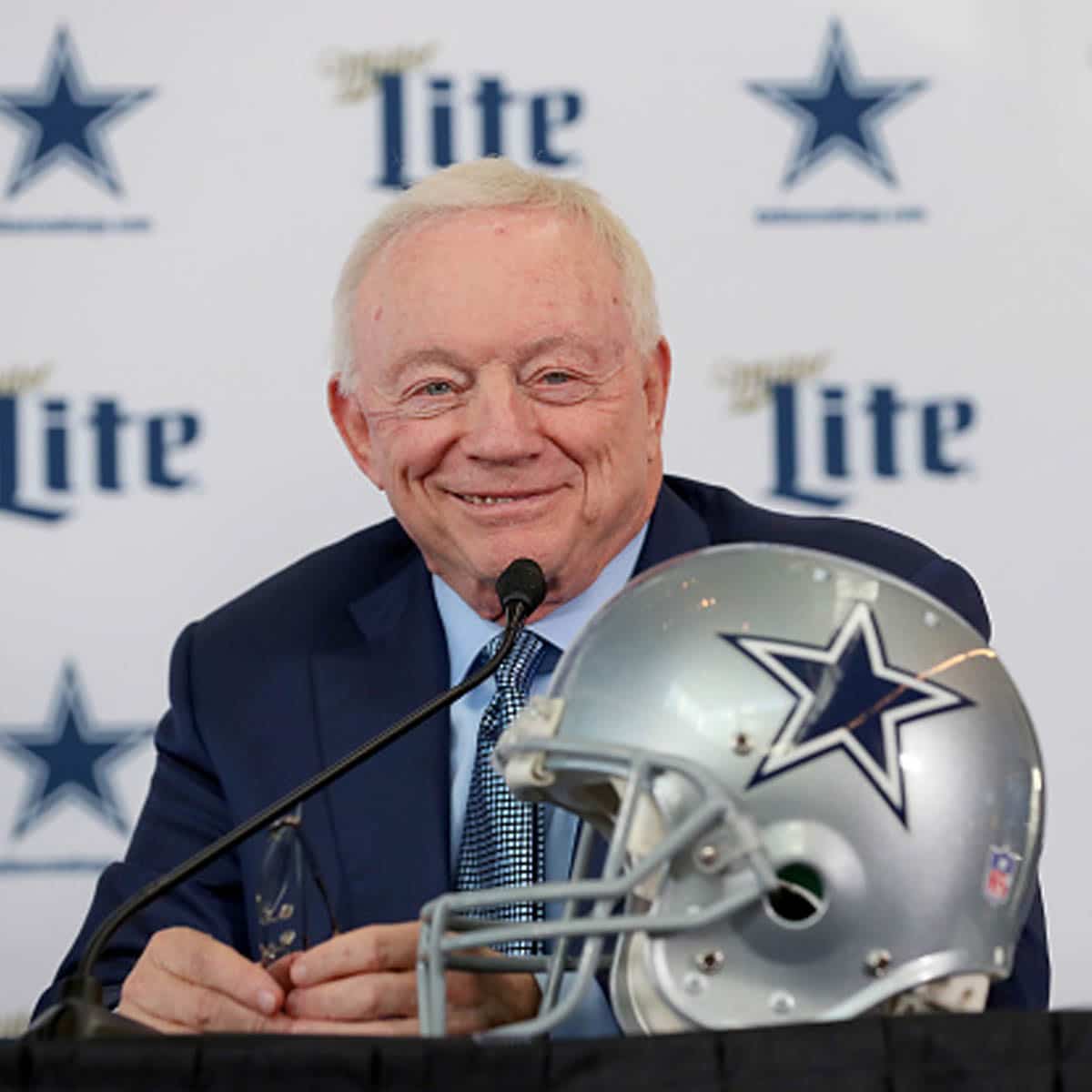 Jerry Jones of the Dallas Cowboys talks with the media during a press conference