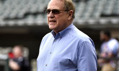 Jerry Reinsdorf watches batting practice before a game between the Chicago White Sox and the Los Angeles Angels of Anaheim
