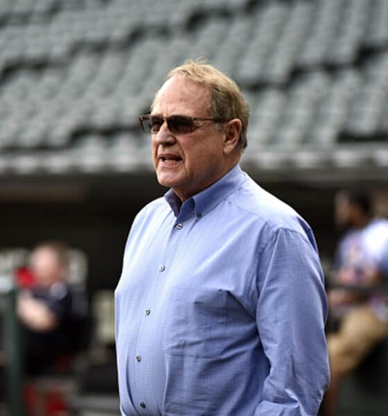 Jerry Reinsdorf watches batting practice before a game between the Chicago White Sox and the Los Angeles Angels of Anaheim