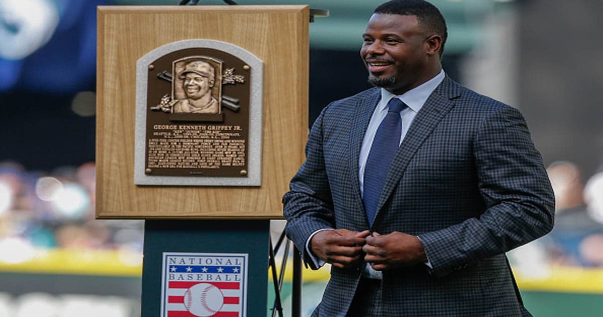 richest baseball players Ken Griffey Jr. stands next to his Hall of Fame plaque
