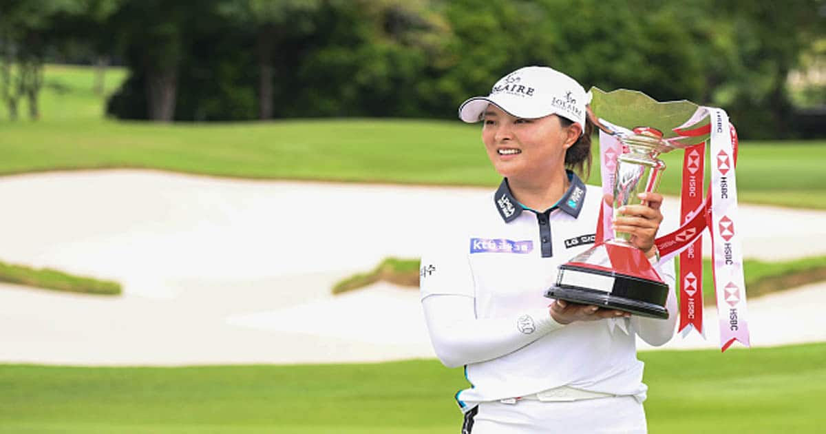 Jin Young Ko of South Korea poses with the HSBC Women's World Championship trophy
