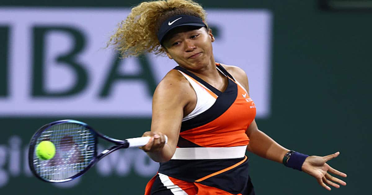 Naomi Osaka of Japan plays a forehan against Veronika Kudermetova of Russia