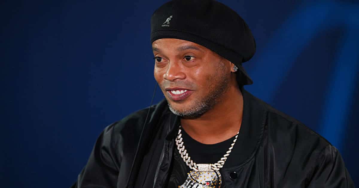 Ronaldinho, speaks to the media while working on TV prior to the UEFA Champions League
