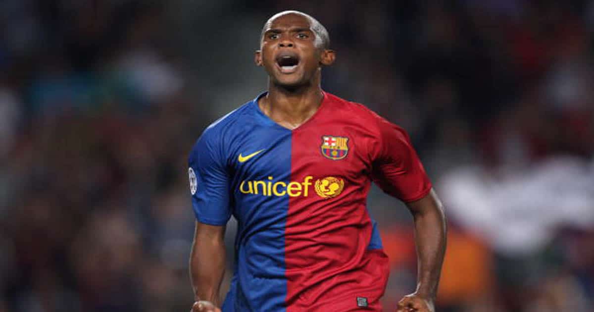 Samuel Eto'o of Barcelona celebrates scoring the second goal 