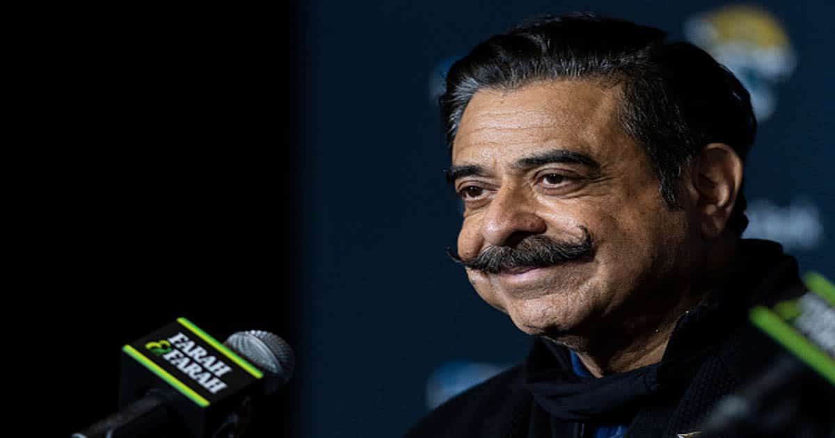 Shad Khan, Owner of the Jacksonville Jaguars, looks on during a press conference