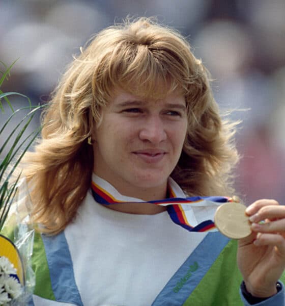 Steffi Graf of Germany on the podium after winning the gold medal in the Women's Singles tennis event