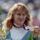 Steffi Graf of Germany on the podium after winning the gold medal in the Women's Singles tennis event