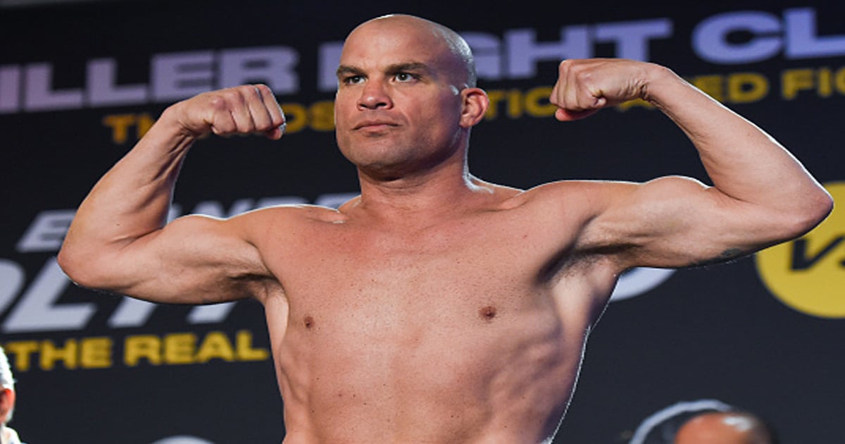 Tito Ortiz flexes during the weigh-in ahead of his fight against Anderson Silva
