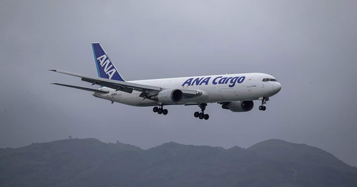 An All Nippon Airways (ANA) aircraft approaches Hong Kong International Airport in Hong Kong