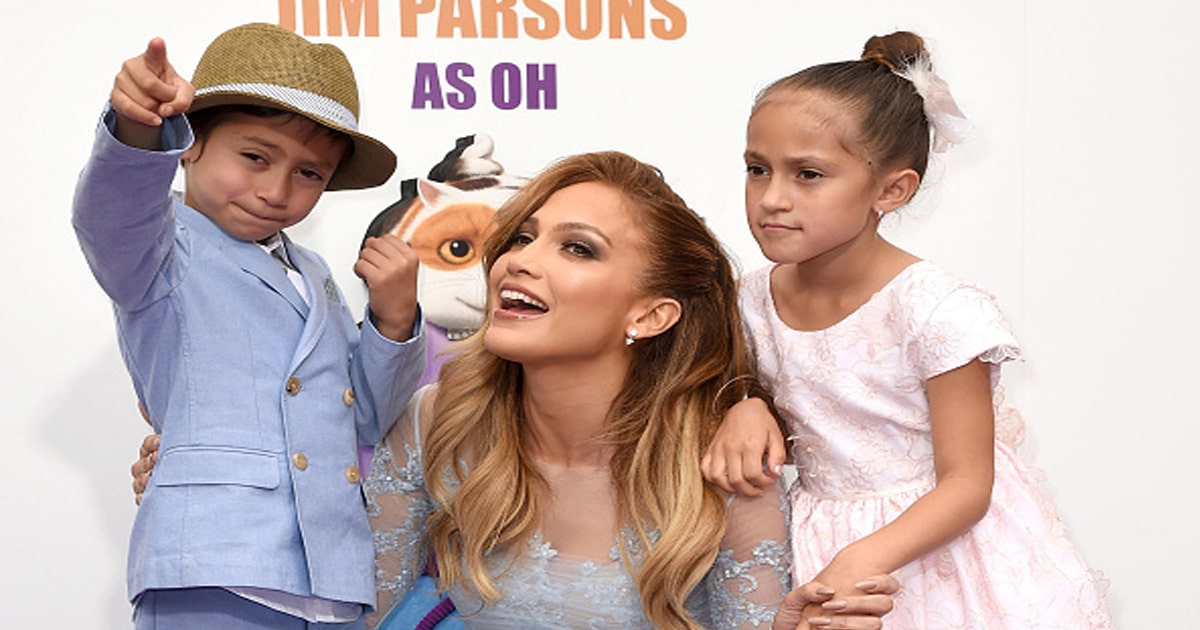 Jennifer Lopez (C) with daughter Emme (R) and son Max attend the premiere of 'home'