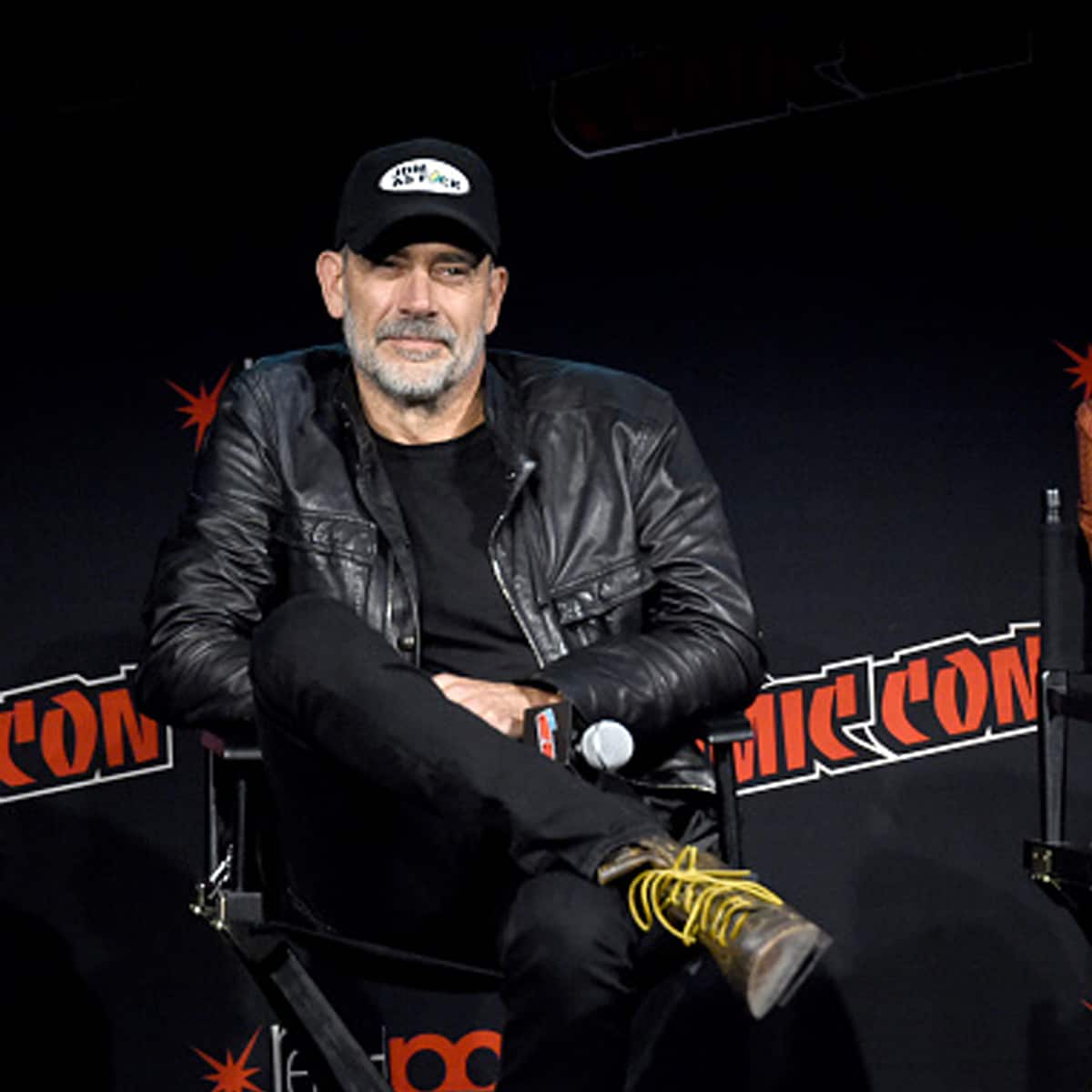 Jeffrey Dean Morgan and Danai Gurira speak onstage during a panel for AMC's The Walking Dead Universe