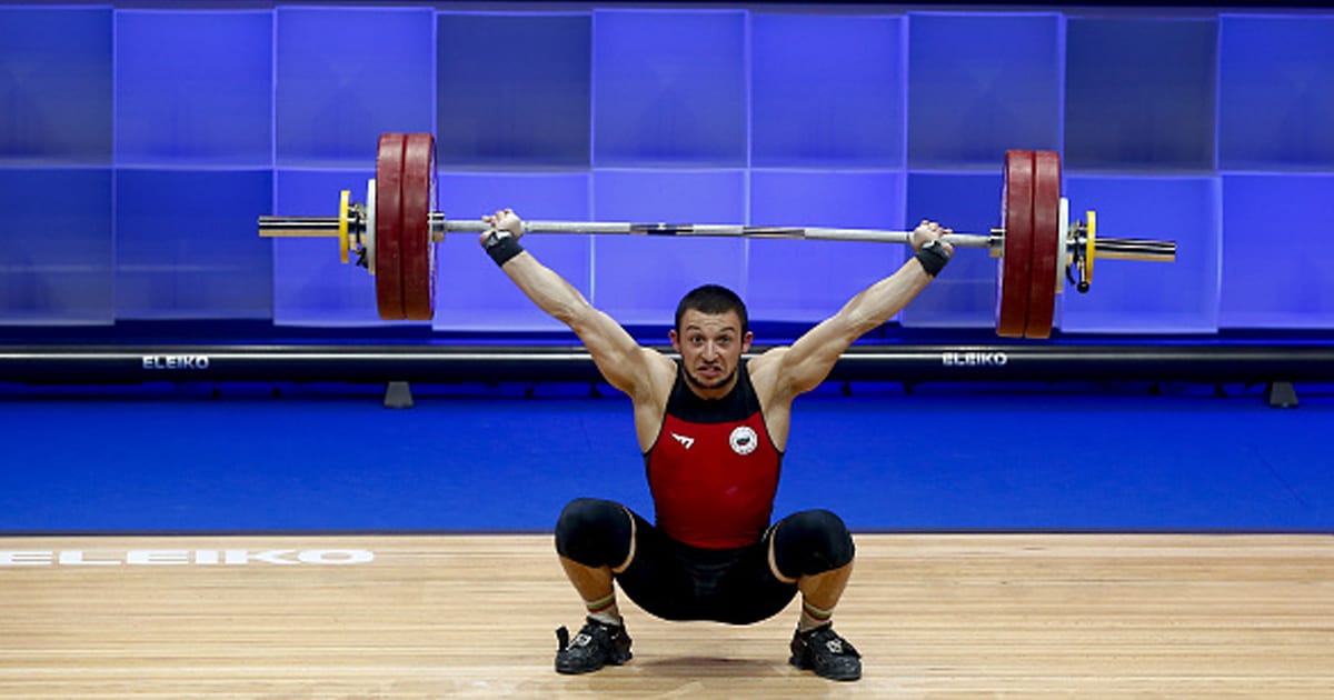 Petar Angelov of Bulgaria competes in the men's 67 kg final within the Weightlifting European Championships 2021