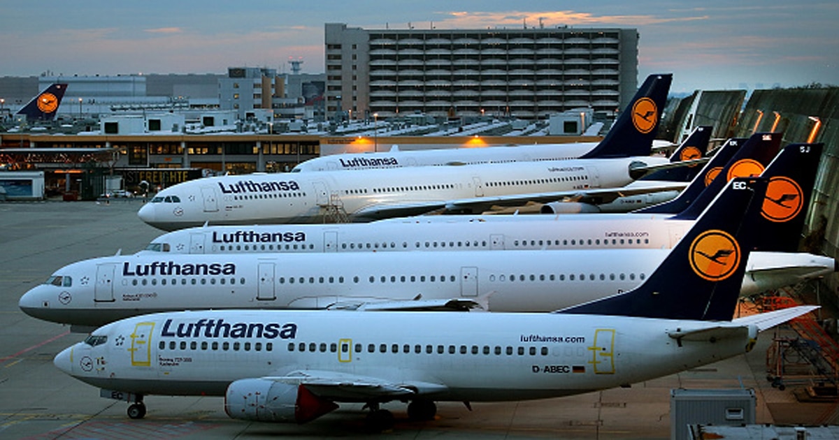 richest airlines Lufthansa airplanes at waiting position on the first of a two-day strike at Frankfurt Airport 