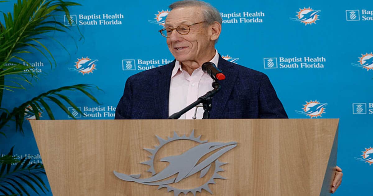 Stephen M. Ross of the Miami Dolphins talks to the media prior to introducing new Head coach Mike McDaniel