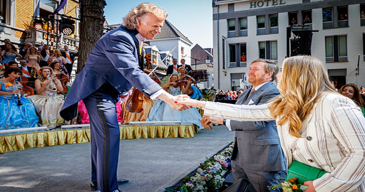King Willem-Alexander of the Netherlands and Princess Catharina-Amalia of the Netherlands greets Andre Rieu