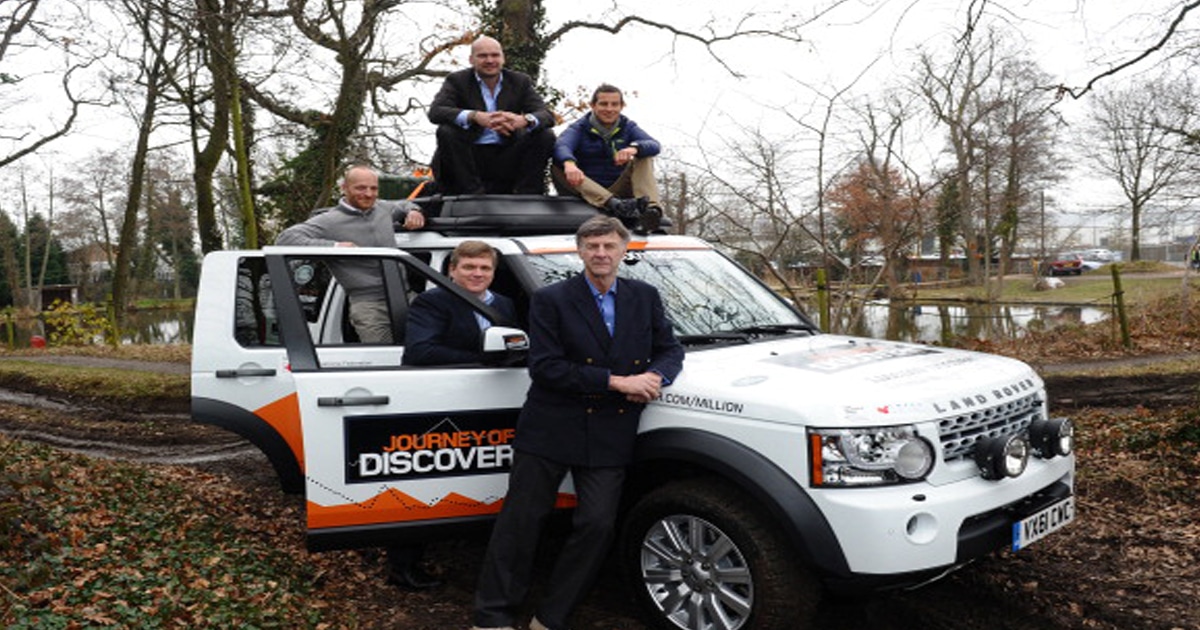 (L-R) British adventurers Ben Saunders, Monty Halls, Ray Mears, Bear Grylls and Ranulph Fiennes (stood front) pose with the one millionth Land Rover Discovery