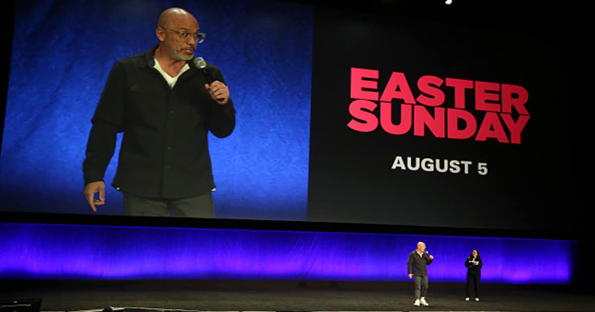 Jo Koy (L) and Regal LA Live general manager Bao Kue speak about Koy's upcoming movie "Easter Sunday"