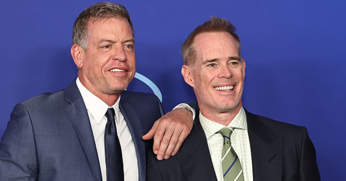 Troy Aikman and Joe Buck attend the 2022 ABC Disney Upfront at Basketball City