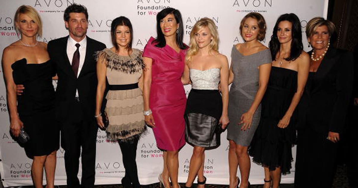 (L-R) Jillian Dempsey, actor Patrick Dempsey, singer Fergie, Chairman and Chief Executive Officer of Avon Products Andrea Jung, actress Reese Witherspoon, Lauren Conrad, Courteney Cox and TV Personality Suze Orman