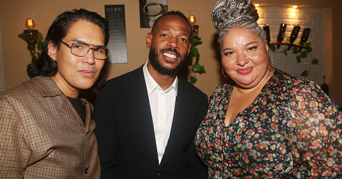 Costume Designer Clint Ramos, Marlon Wayans and Director Liesl Tommy pose at a NYC Theatre community private screening