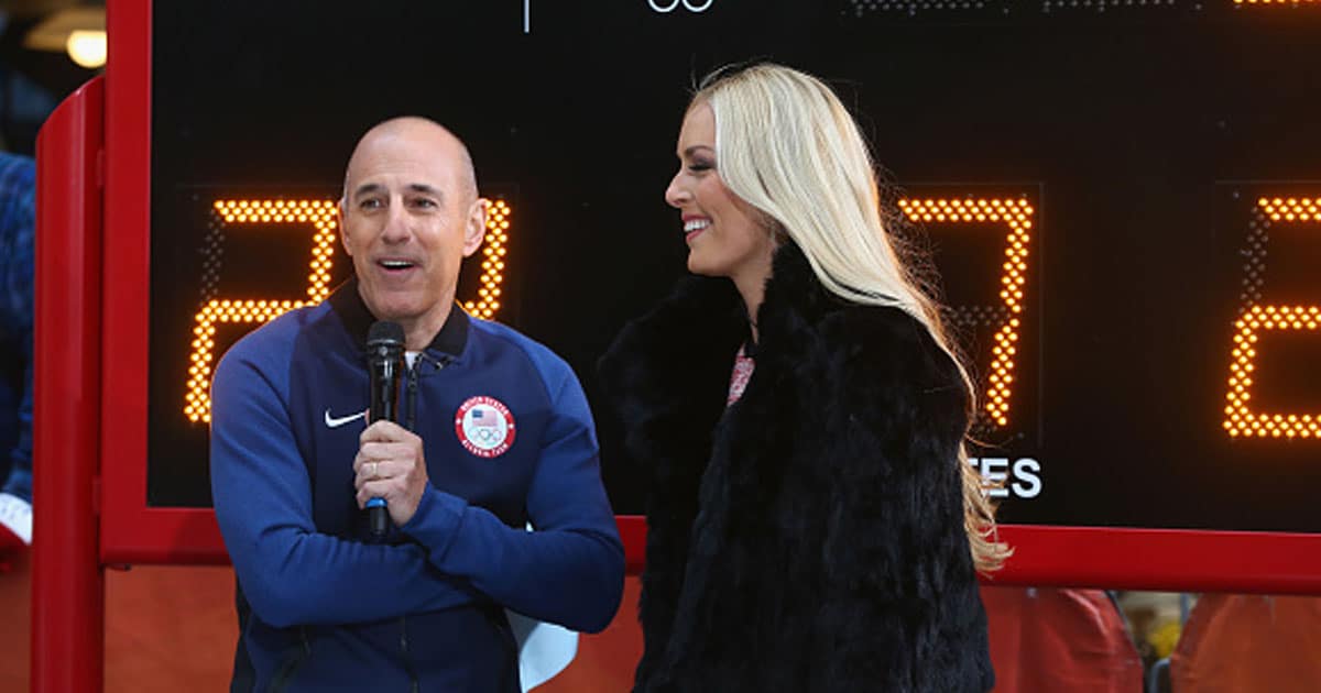Host Matt Lauer of NBC'S Today Show speaks with skier Lindsey Vonn during the 100 Days Out 2018 PyeongChang Winter Olympics