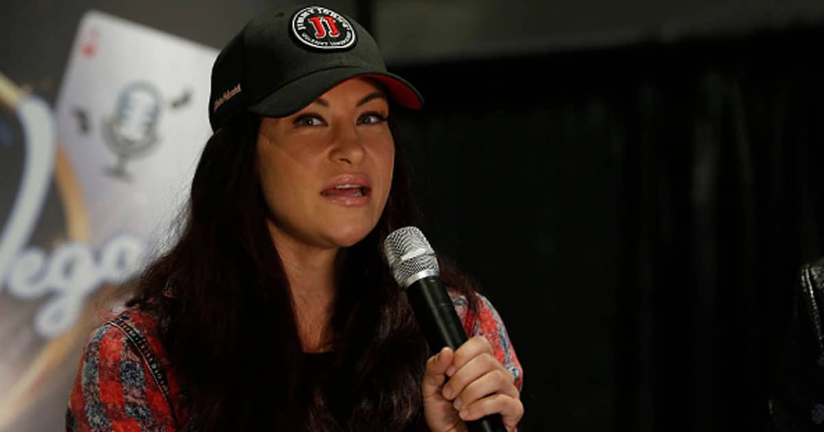 Miesha Tate speaks during a video podcast in the Go Live Vegas booth