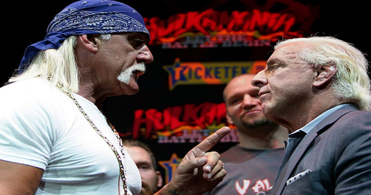 Hulk Hogan and Ric Flair become involved in an altercation during a press conference 