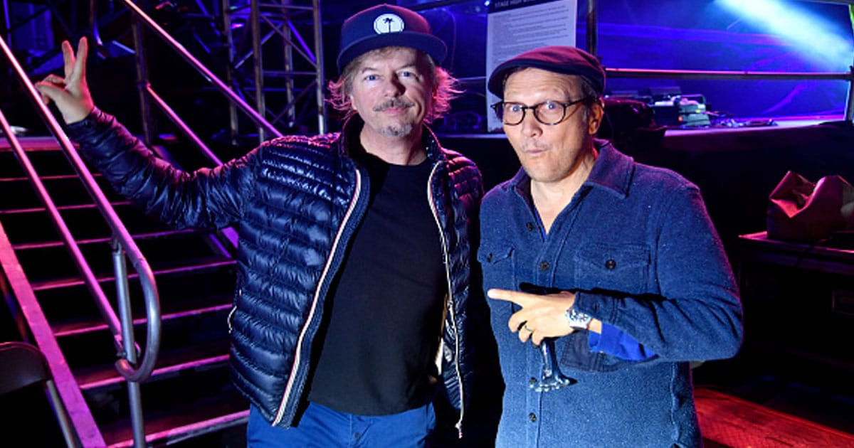  (L-R) David Spade and Rob Schneider pose backstage during the 'Comedy in Your Car's' drive-In concert 