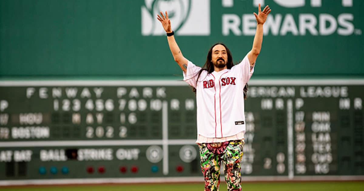 DJ Steve Aoki reacts before throwing out a ceremonial first pitch before a game between the Boston Red Sox and the Houston Astros