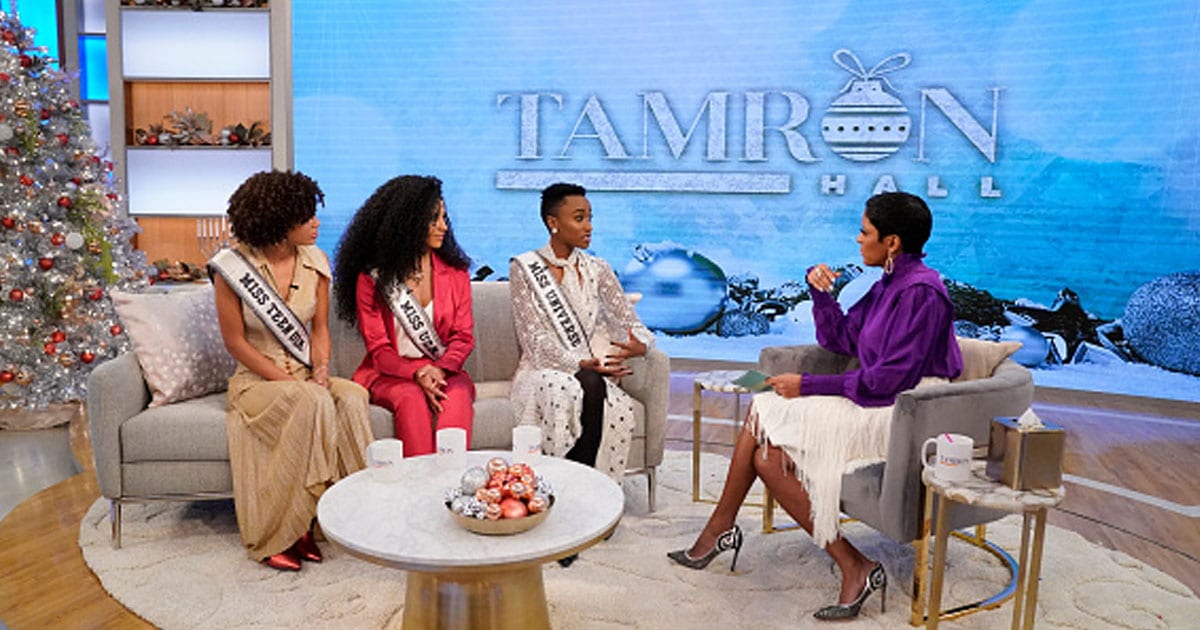 (L-R) Miss Teen USA Kaliegh Garris, Miss USA Cheslie Kryst, Miss Universe Zozibini Tunzi, Tamron Hall