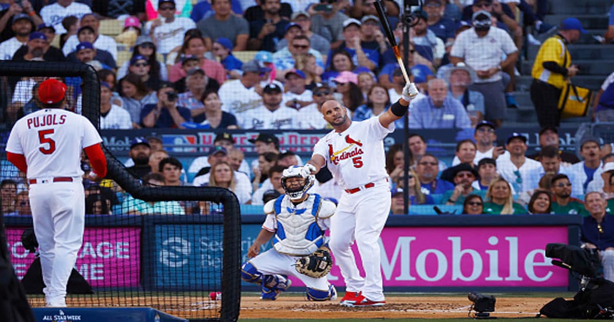 Albert Pujols #5 of the St. Louis Cardinals competes in the 2022 T-Mobile Home Run Derby