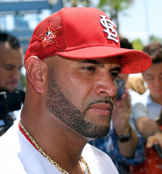 Albert Pujols #5 of the St. Louis Cardinals talks with the media during the 2022 Gatorade All-Star Workout Day