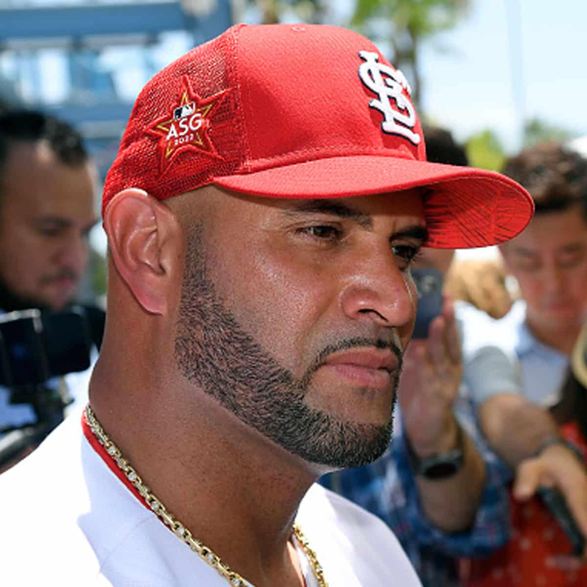 Albert Pujols #5 of the St. Louis Cardinals talks with the media during the 2022 Gatorade All-Star Workout Day