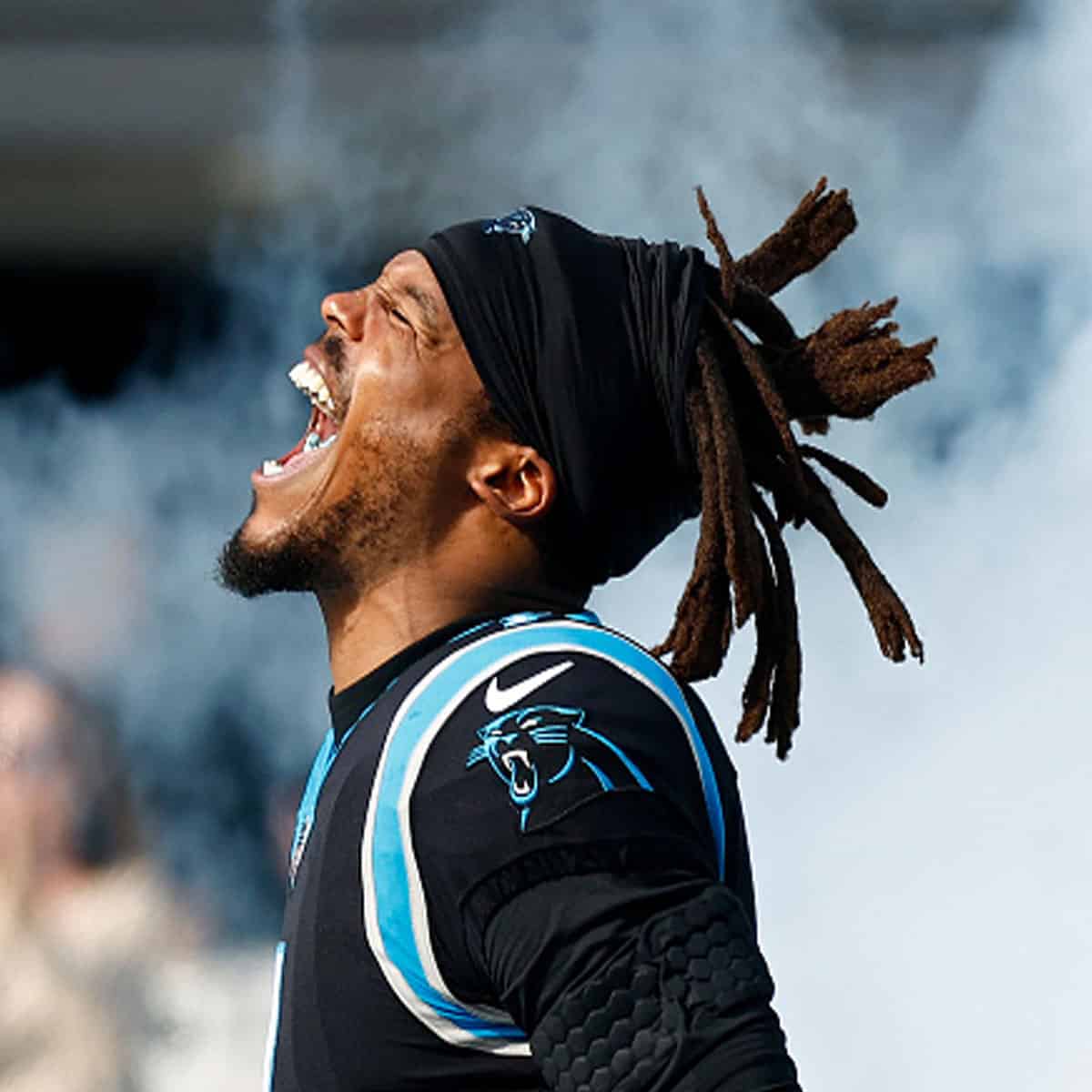 Cam Newton #1 of the Carolina Panthers runs onto the field during the player introductions before the game against the Tampa Bay Buccaneers