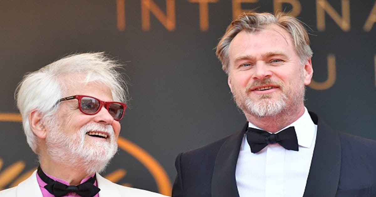 Jan Harlan (L) and British director Christopher Nolan pose as they arrive on May 13, 2018 for the screening of a remastered version of the film "2001: A Space Odyssey"