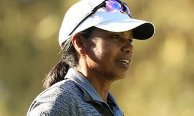 Condoleezza Rice looks on during the during the first round of the AT&T Pebble Beach Pro-Am