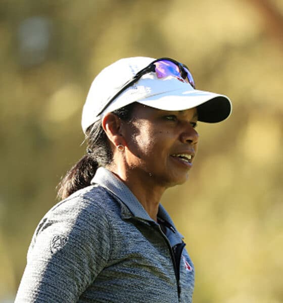 Condoleezza Rice looks on during the during the first round of the AT&T Pebble Beach Pro-Am