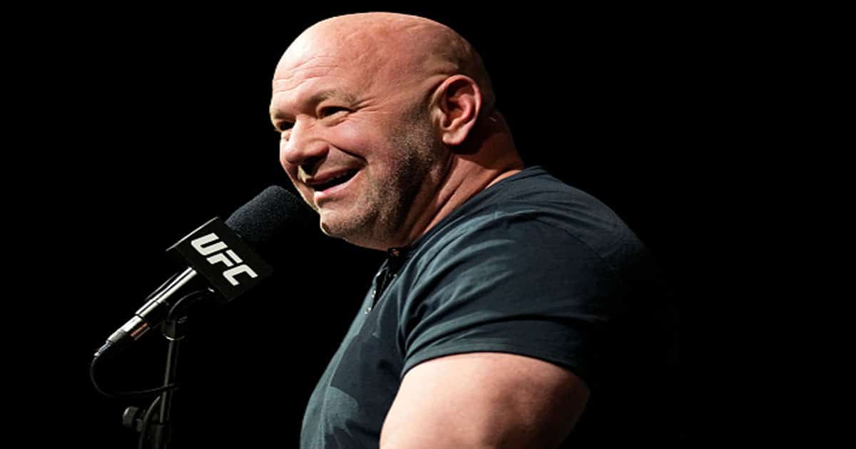 Dana White is seen on stage during the UFC 272 press conference