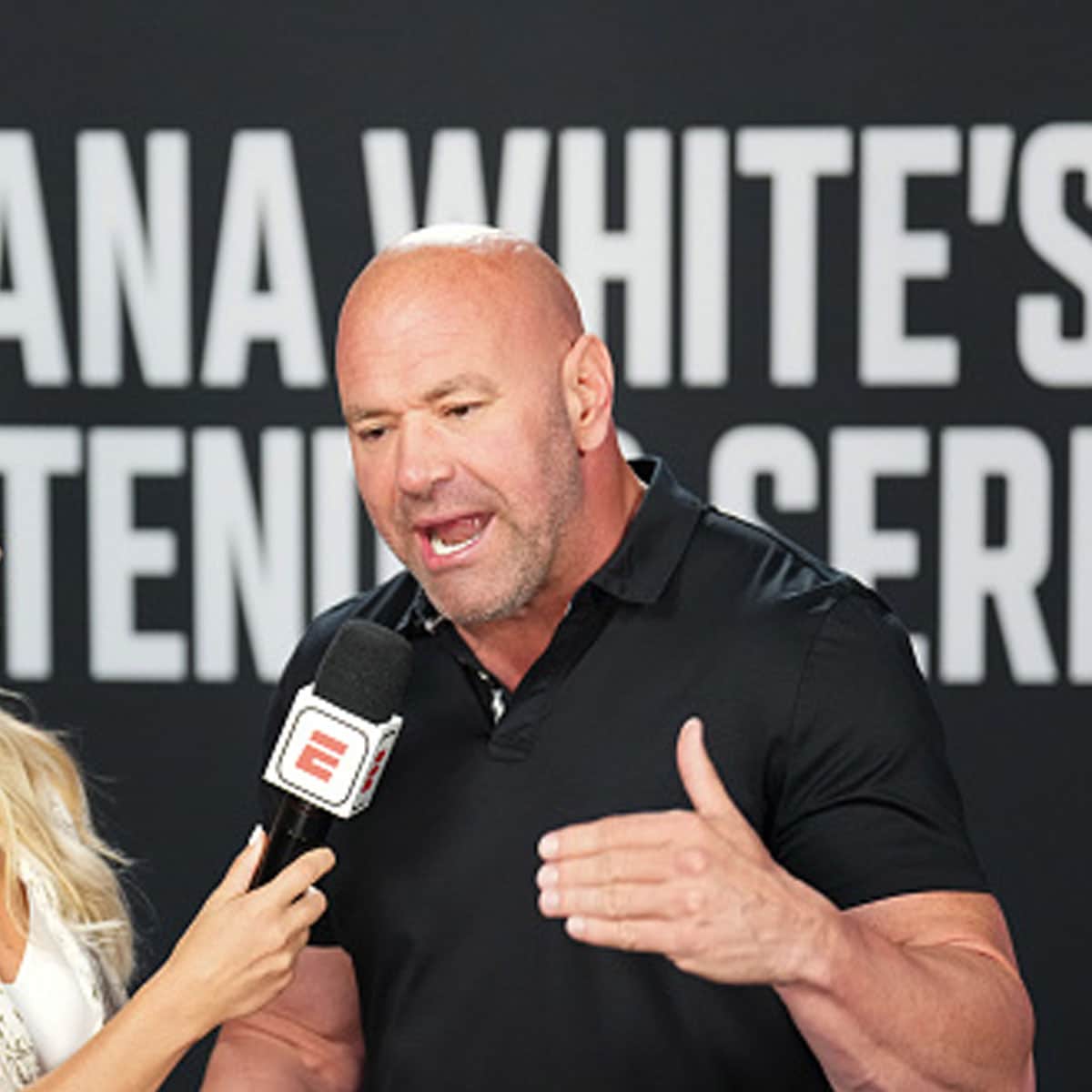 Dana White speaks to Laura Sanko after the fights during Dana White's Contender Series Season 6 Week 1