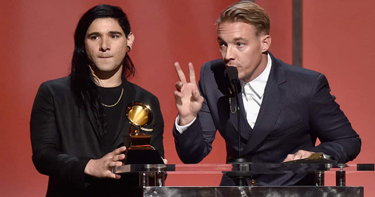 DJ's Skrillex (L) and Diplo accept award for Best Dance Recording for 'Where Are U Now' onstage during the GRAMMY Pre-Telecast