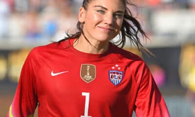 Hope Solo #1 (GK) of the US Women's National Team smiling after Stephanie McCaffrey goal during USA v Brazil friendly International soccer match