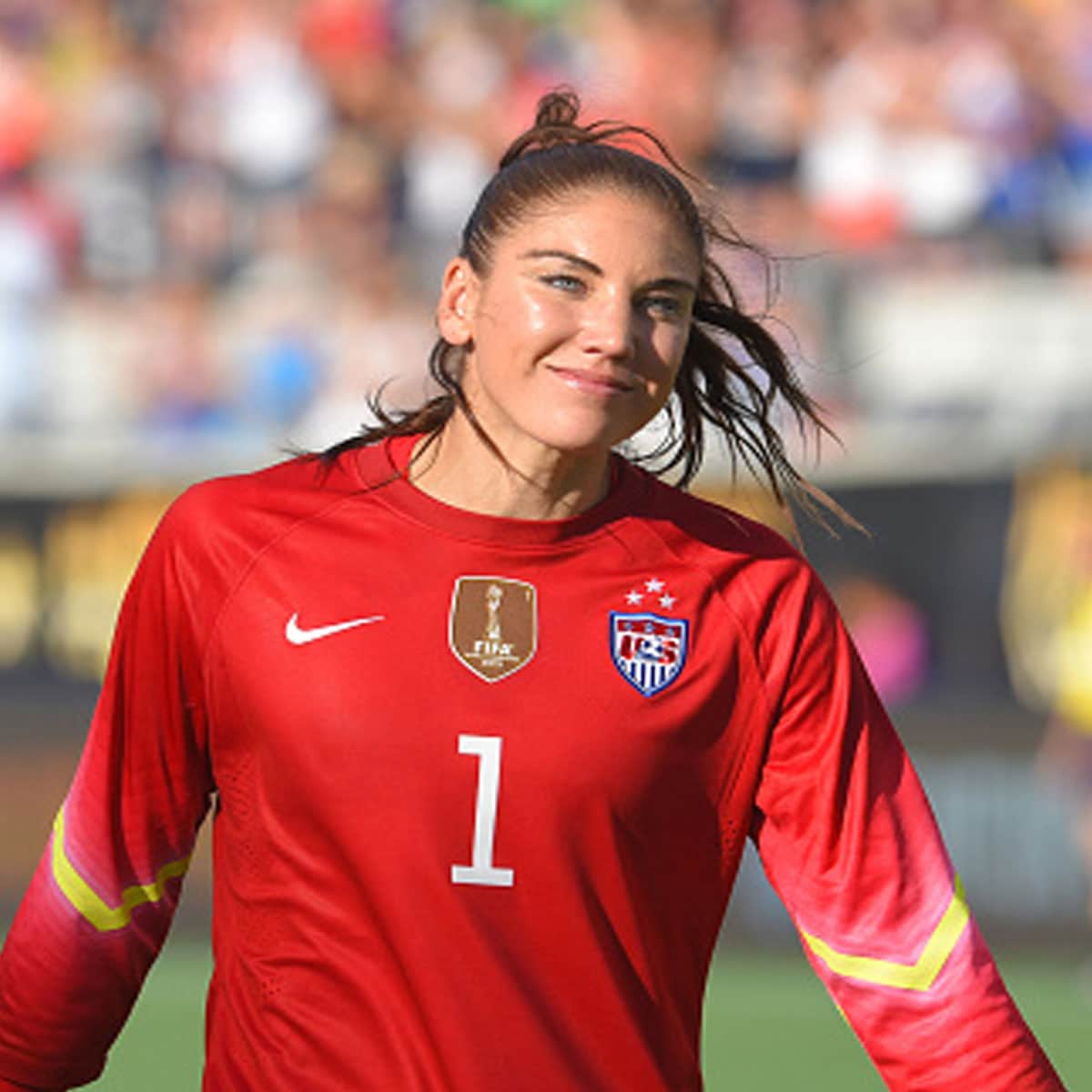 Hope Solo #1 (GK) of the US Women's National Team smiling after Stephanie McCaffrey goal during USA v Brazil friendly International soccer match